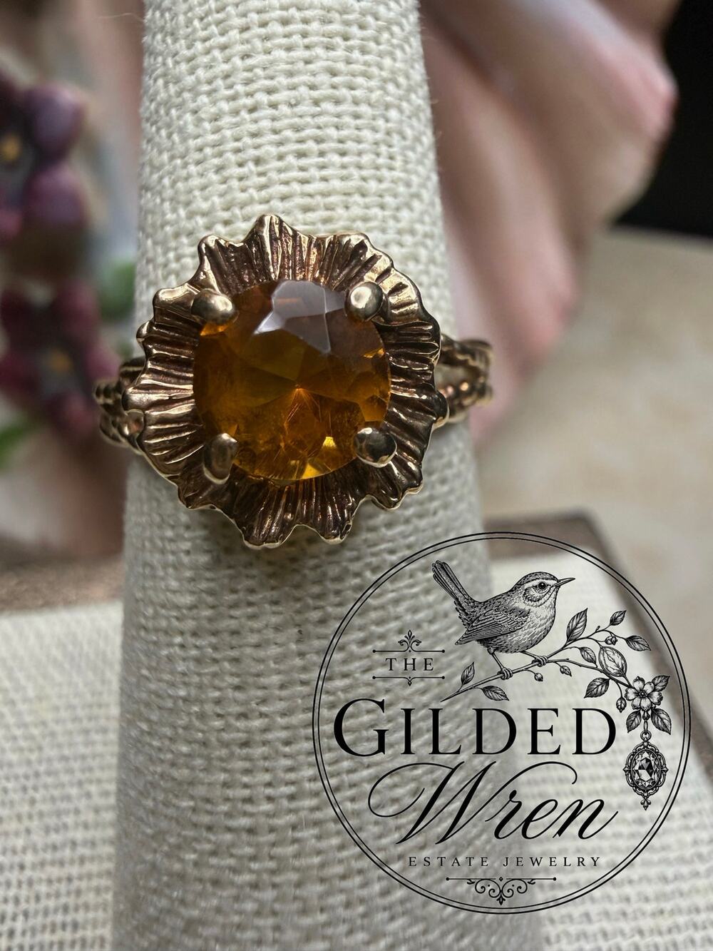 Vintage 10K Gold Tested Citrine Floral Ring 1 Ct Botanical Estate Sz 6.25